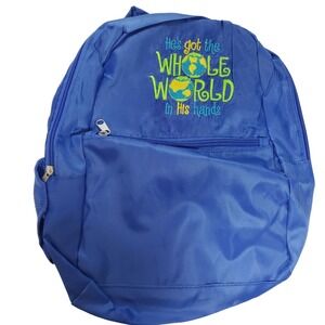 Blue Religious Embroidered Backpack Hes Got the Whole World in His Hands Bag